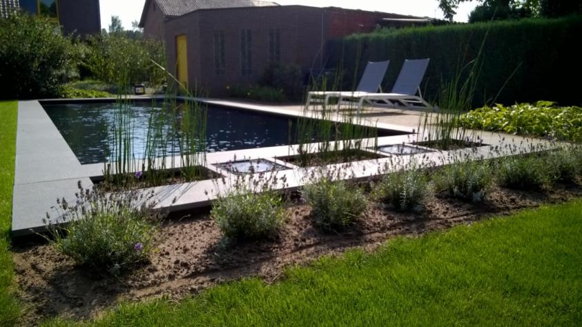 zwembad, ligzetels, verlichting, beplanting, terras, boordsteen, filtratie, hydrolise, waterbehandeling